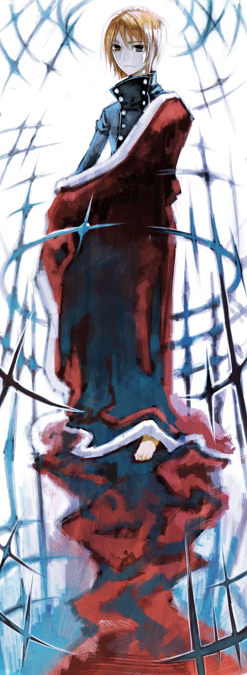 isaki uta, tea.x, gender request, highres, androgynous, blonde hair, brown eyes, buttons, cape, reflection, solo