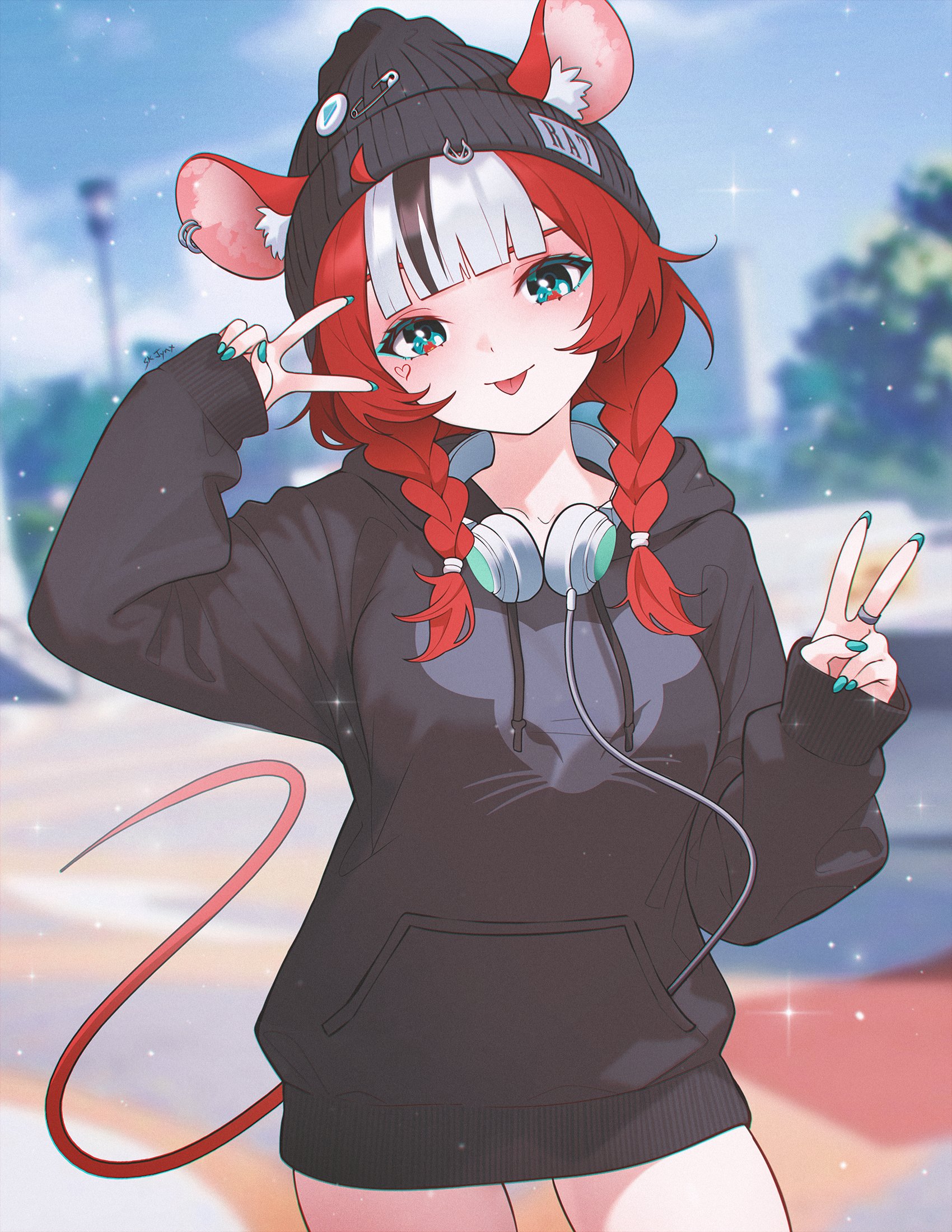 sk jynx, hakos baelz, hololive, hololive english, commentary, english commentary, highres, 1girl, :p, alternate costume, alternate hairstyle, animal ears, beanie, black hair, black hat, black hoodie, blue eyes, blunt bangs, blurry, blurry background, braid, center-flap bangs, cowboy shot, day, double v, hat, headphones, headphones around neck, hood, hoodie, long sleeves, looking at viewer, mouse ears, mouse girl, mouse tail, multicolored hair, no pants, outdoors, red hair, solo, streaked hair, tail, tongue, tongue out, twin braids, v, virtual youtuber, white hair