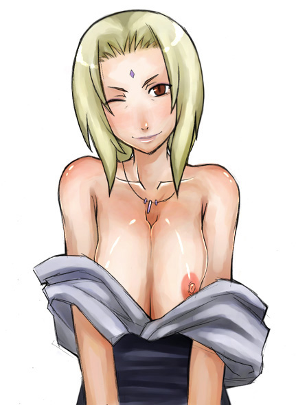 enoshima iki, tsunade (naruto), naruto (classic), naruto (series), 1girl, bare shoulders, blush, breasts, breasts squeezed together, brown eyes, clothes pull, facial mark, female focus, forehead mark, huge breasts, jewelry, large breasts, mature female, nipples, off shoulder, one eye closed, pendant, shirt pull, solo, wink