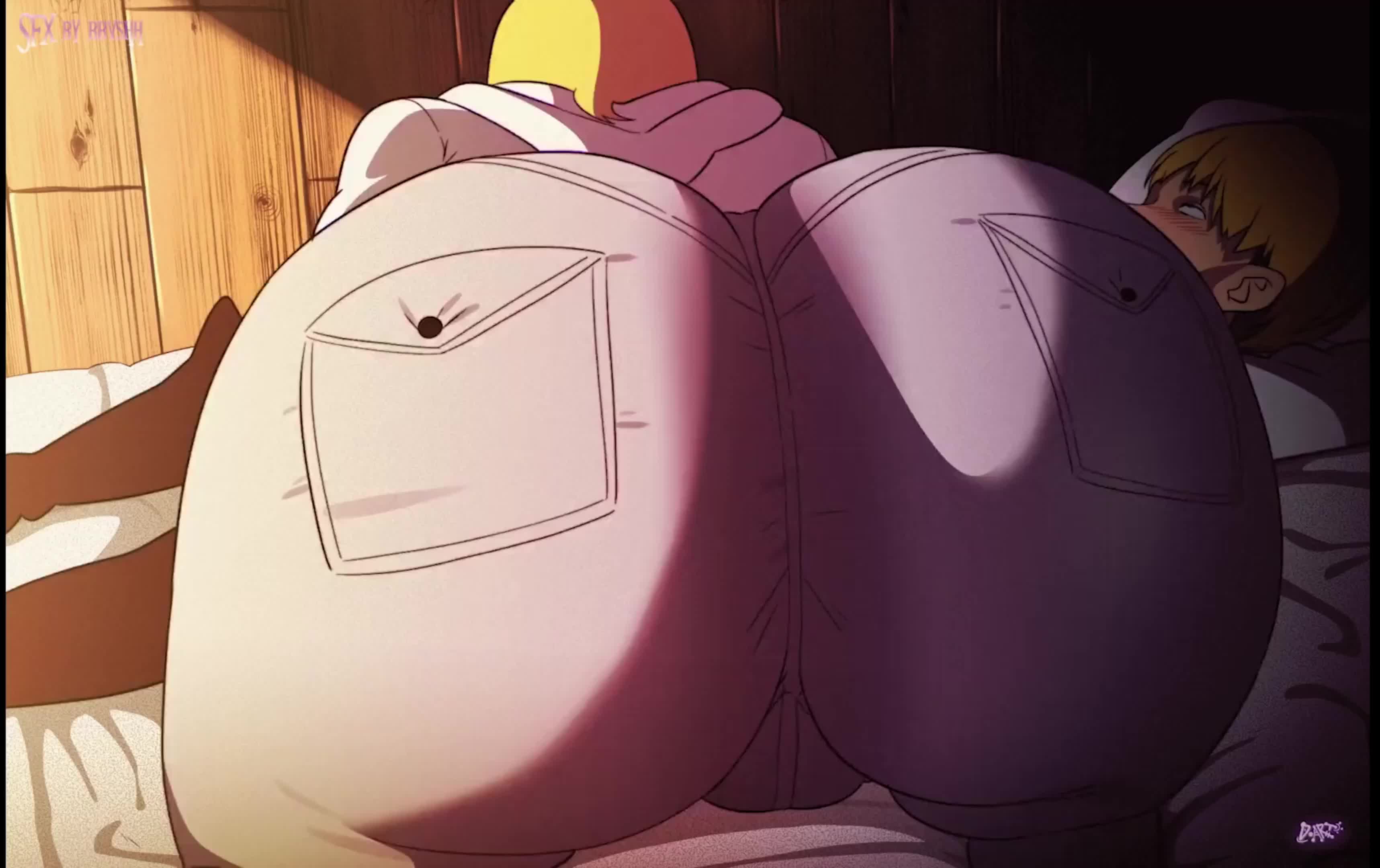 bbvshh, d-art, annie leonhart, armin arlert, shingeki no kyojin, animated, highres, sound, tagme, third-party edit, video, 1boy, 1girl, ass, ass clapping, ass focus, ass shake, bed, blonde hair, close-up, curvy, denim, heart, hood, hoodie, huge ass, implied fellatio, jeans, jiggle, pants, rolling eyes, tight clothes, tight pants, twerking