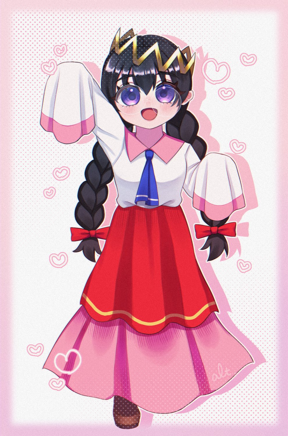ripple star queen, kirby (series), kirby 64, nintendo, highres, 1girl, alt 0218, black hair, bow, braid, crown, hair bow, heart, long hair, long skirt, low twin braids, open mouth, pink skirt, purple eyes, red bow, signature, skirt, sleeves past fingers, sleeves past wrists, smile, twin braids