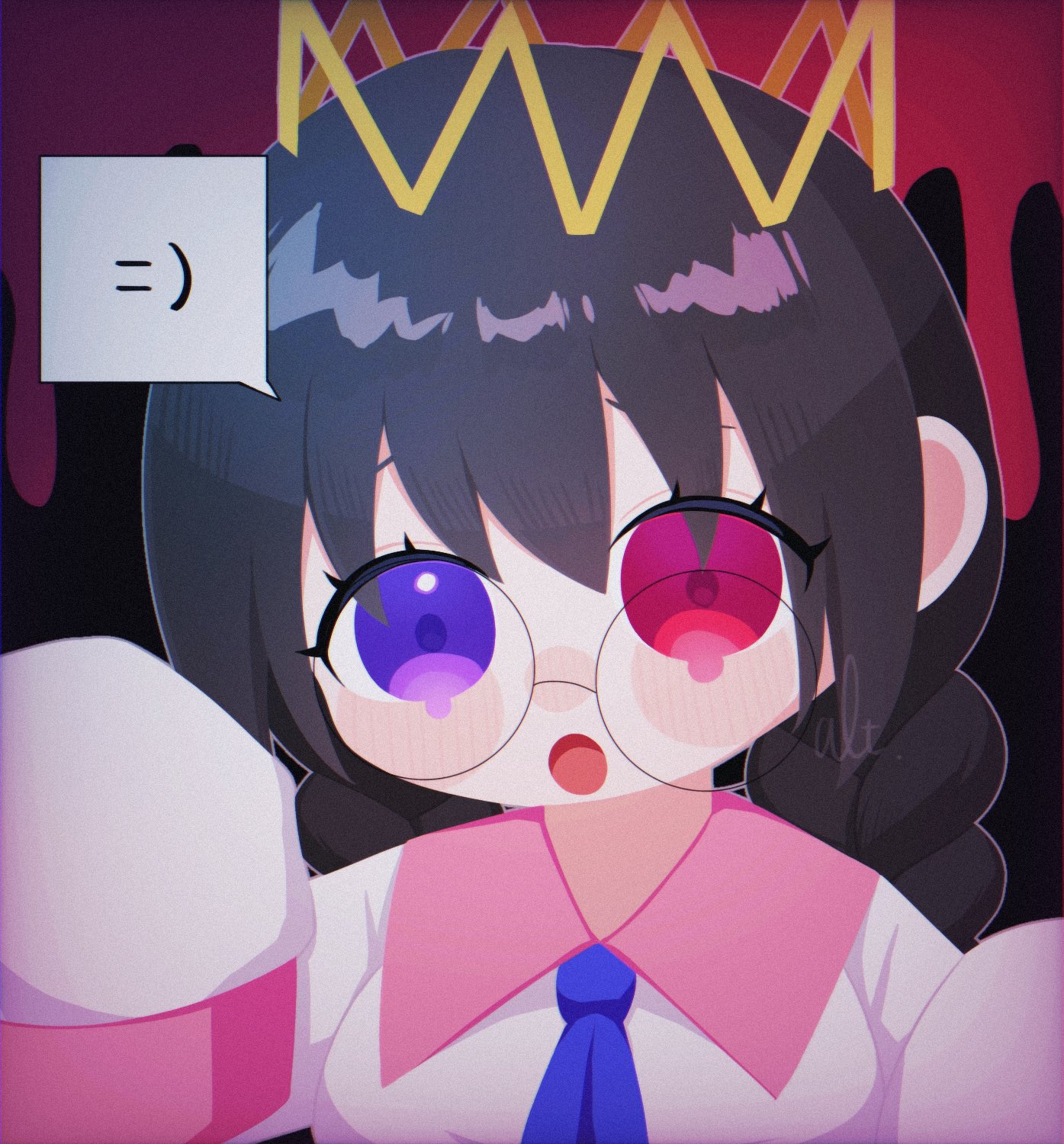 ripple star queen, kirby (series), kirby 64, nintendo, bad id, bad twitter id, highres, 1girl, alt 0218, black hair, braid, crown, glasses, heterochromia, long hair, looking at viewer, low twin braids, open mouth, purple eyes, red eyes, sleeves past fingers, sleeves past wrists, twin braids