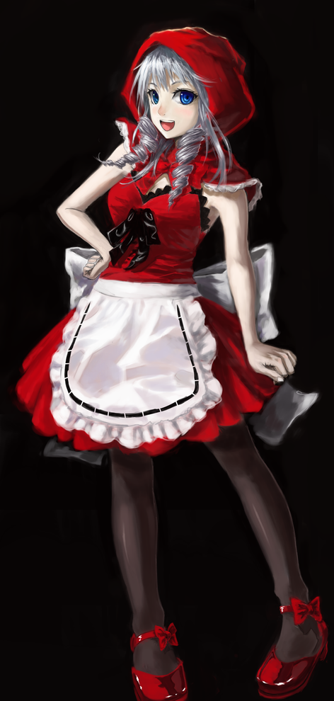 beni-syoga, little red riding hood (fairy tale character), little red riding hood (fairy tale), silver hair, bad id, bad pixiv id, 1girl, blue eyes, drill hair, female focus, pantyhose, red shoes, shoes, solo
