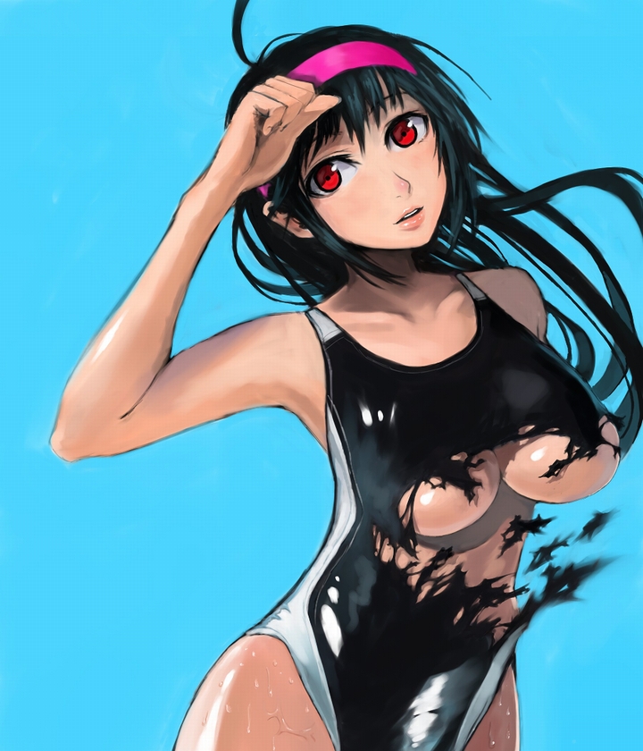 beni-syoga, original, bad id, bad pixiv id, 1girl, black hair, breasts, competition swimsuit, female focus, hairband, large breasts, long hair, one-piece swimsuit, red eyes, single vertical stripe, solo, swimsuit, torn clothes, torn swimsuit, underboob
