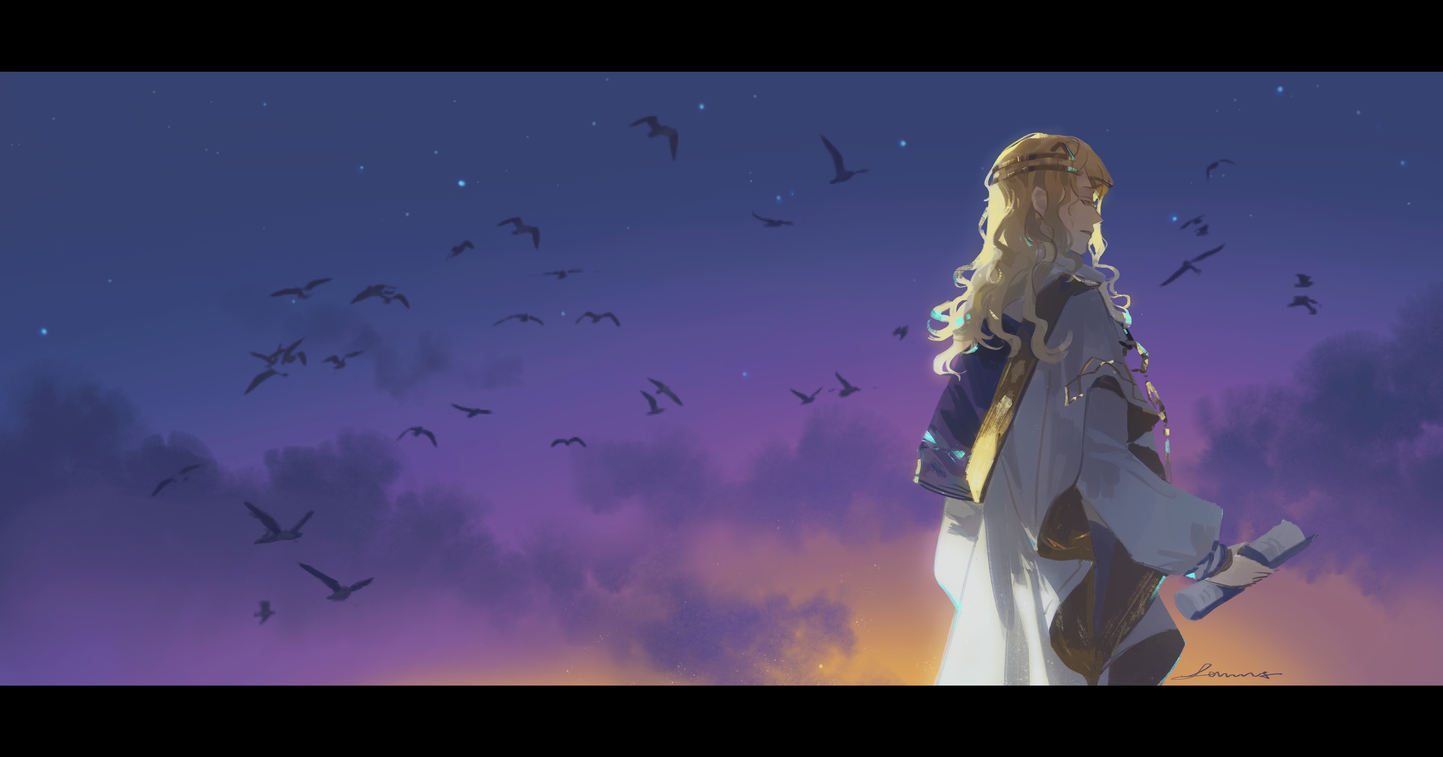 lumos (lumos164), 6 (reverse:1999), reverse:1999, absurdres, highres, 1boy, ancient greek clothes, backlighting, blonde hair, blue sky, closed eyes, cloud, dark, from side, gradient sky, greco-roman clothes, himation, holding, holding scroll, letterboxed, long hair, male focus, night, night sky, orange sky, profile, scroll, simple bird, sky, solo, star (sky), twilight, wavy hair