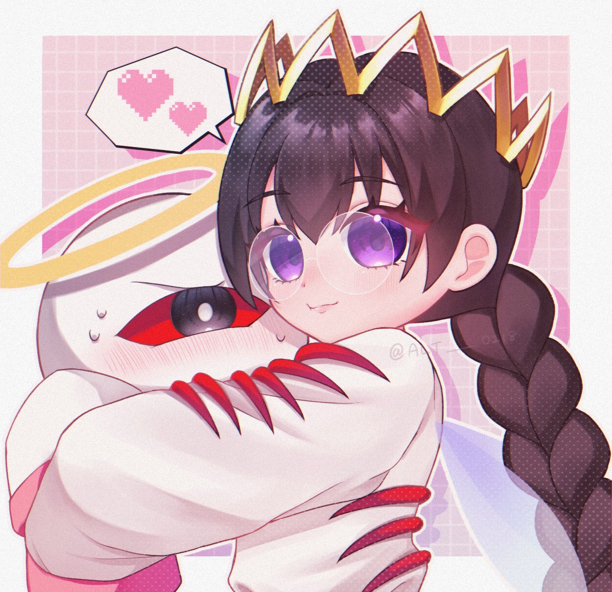 ripple star queen, zero two (kirby), kirby (series), kirby 64, nintendo, highres, 1girl, alt 0218, artist name, black hair, blush, braid, fairy, fairy wings, glasses, heart, hug, long hair, low twin braids, one-eyed, purple eyes, red eyes, sleeves past fingers, sleeves past wrists, smile, sweatdrop, twin braids, wings
