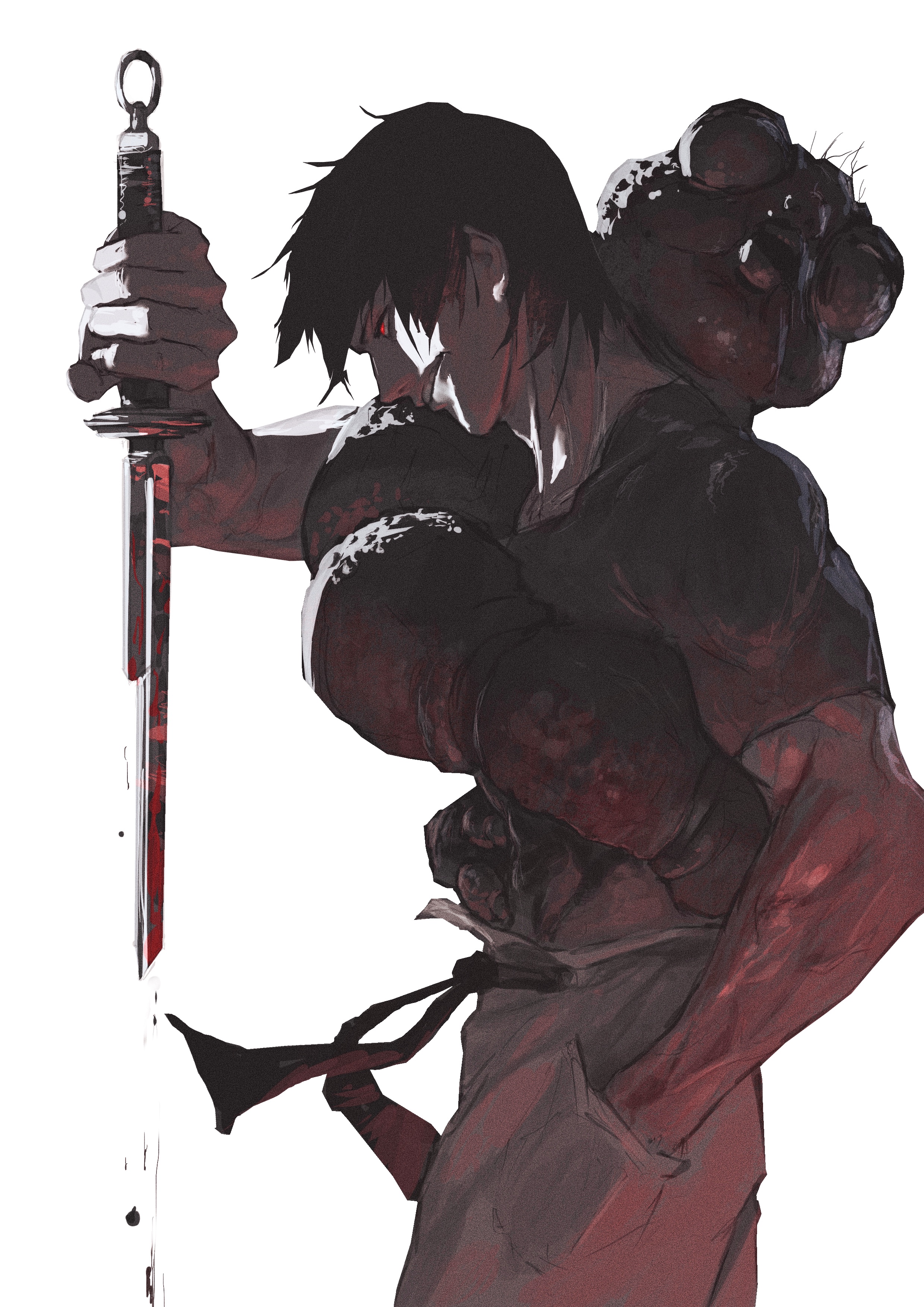 neg (101neg), fushiguro touji, jujutsu kaisen, absurdres, highres, 1boy, 1other, abs, black hair, black shirt, cursed spirit (jujutsu kaisen), from side, hand in pocket, holding, inverted spear of heaven (jujutsu kaisen), male focus, mature male, muscular, muscular male, pants, pectorals, red eyes, scar, scar on face, scar on mouth, shadow, shirt, short hair, simple background, smile, solo, tight clothes, tight shirt, white background, worm