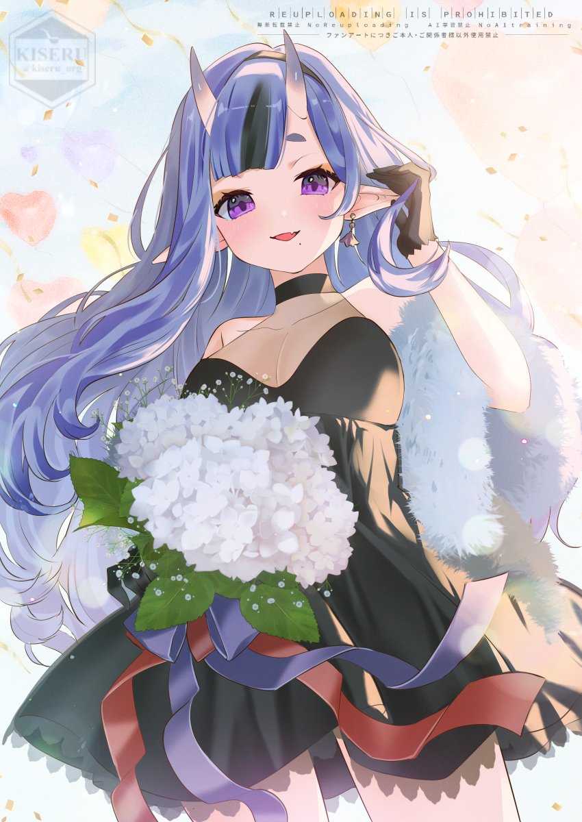 kokutan kiseru, rindou mikoto, rindou mikoto (4th costume), nijisanji, commentary, english commentary, highres, 1girl, balloon, bare shoulders, black dress, black gloves, black hair, black hairband, blue ribbon, blurry, blurry background, blush, bouquet, breasts, cleavage, collarbone, confetti, cowboy shot, dress, earrings, fang, flower, gloves, hairband, halter dress, halterneck, hand in own hair, hand up, heart balloon, hikimayu, holding, holding bouquet, horns, jewelry, long hair, looking at viewer, medium breasts, mole, mole under mouth, multicolored hair, open mouth, pointy ears, purple eyes, purple hair, red ribbon, ribbon, short dress, short eyebrows, single earring, skin-covered horns, skin fang, sleeveless, sleeveless dress, smile, solo, streaked hair, thick eyebrows, two-tone hair, very long hair, virtual youtuber, watermark, white flower