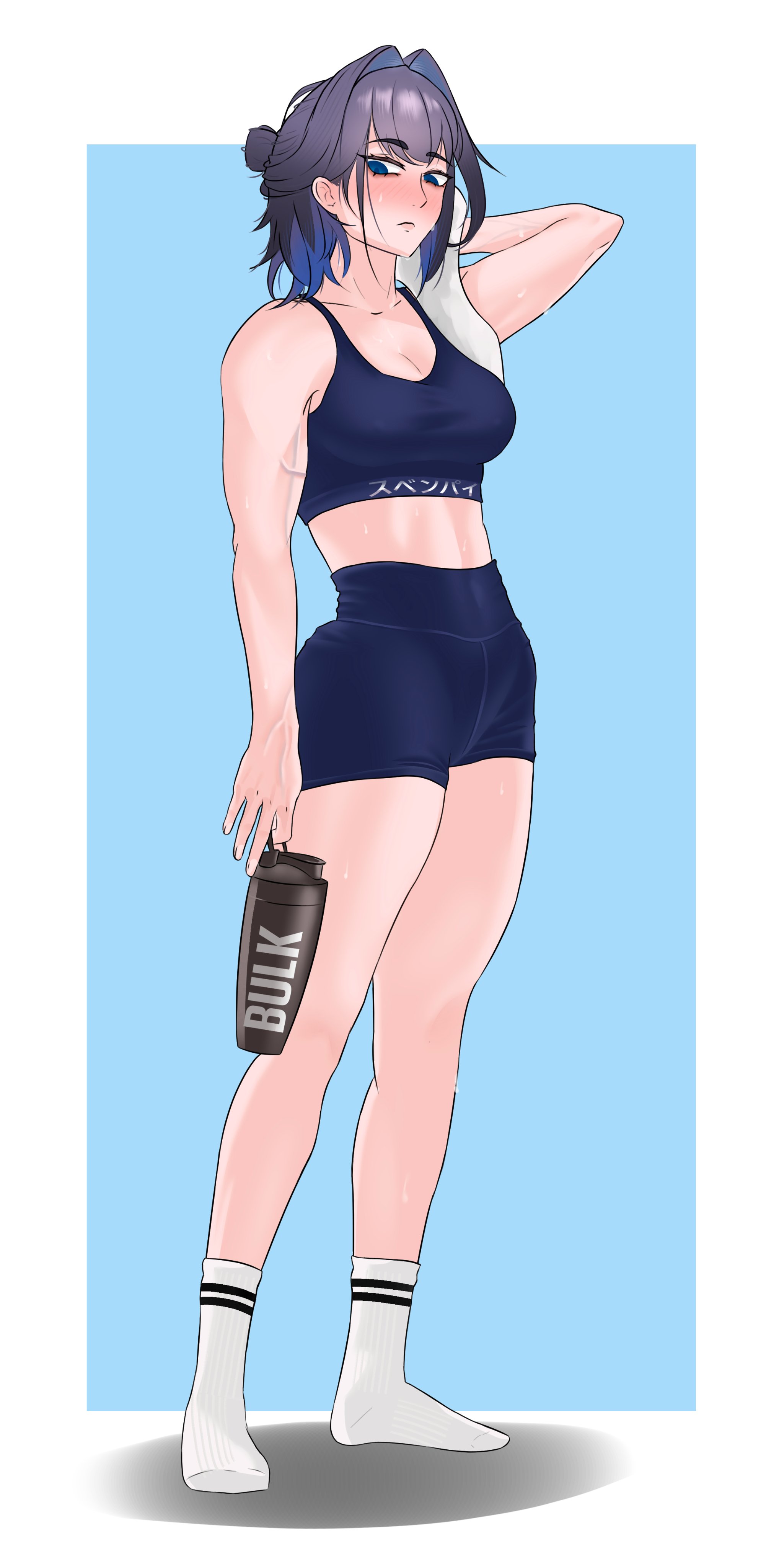 ouro kronii, hololive, hololive english, absurdres, highres, 1girl, arm at side, arm up, blue background, blue eyes, blue hair, blush, border, bottle, breasts, colored inner hair, full body, hair bun, hair intakes, large breasts, looking down, medium hair, midriff, multicolored hair, shadow, shorts, simple background, socks, solo, sports bra, sportswear, standing, svenpai, sweat, toned, toned female, towel, virtual youtuber, water bottle, white border, wiping face, workout clothes