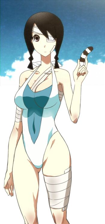 kobushi abiru, sayonara zetsubou sensei, 00s, 1girl, bandages, breasts, eyepatch, female focus, large breasts, one-piece swimsuit, solo, swimsuit