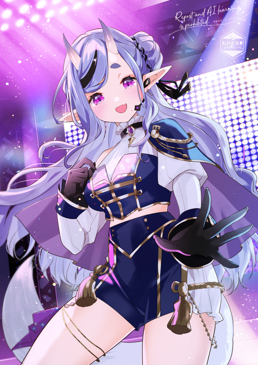 kokutan kiseru, rindou mikoto, nijisanji, highres, 1girl, :d, aiguillette, artist name, black gloves, black hair, black ribbon, blue cape, blue shirt, blue shorts, blush, breasts, bun with braided base, cape, clothing cutout, cowboy shot, fang, frilled shirt collar, frills, gem, gloves, gold trim, hair bun, hair ribbon, hand on own chest, headset, horns, idol clothes, juliet sleeves, layered shirt, long hair, long sleeves, looking at viewer, medium breasts, midriff peek, mole, mole under mouth, multicolored hair, nijisanji idol uniform, open mouth, pointy ears, puffy sleeves, purple cape, purple eyes, purple gemstone, purple hair, ribbon, shirt, shorts, shoulder cutout, side cape, single side bun, skin-covered horns, skin fang, sleeve cuffs, smile, solo, spread fingers, stage, stage lights, streaked hair, swept bangs, tassel, twitter username, two-sided cape, two-sided fabric, two-tone hair, very long hair, virtual youtuber, white shirt