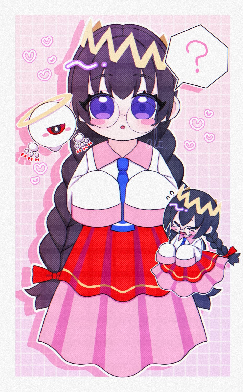 ripple star queen, zero two (kirby), kirby (series), kirby 64, nintendo, highres, 1girl, ?, alt 0218, black hair, bow, braid, crown, glasses, hair bow, halo, heart, long hair, long skirt, low twin braids, one-eyed, pink background, pink skirt, purple eyes, red bow, red eyes, skirt, sleeves past fingers, sleeves past wrists, twin braids