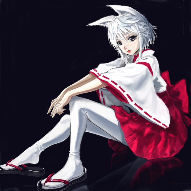 beni-syoga, original, silver hair, bad id, bad pixiv id, 1girl, adapted uniform, animal ears, female focus, hakama, hakama skirt, japanese clothes, miko, pantyhose, red hakama, sandals, skirt, solo, white pantyhose, zouri