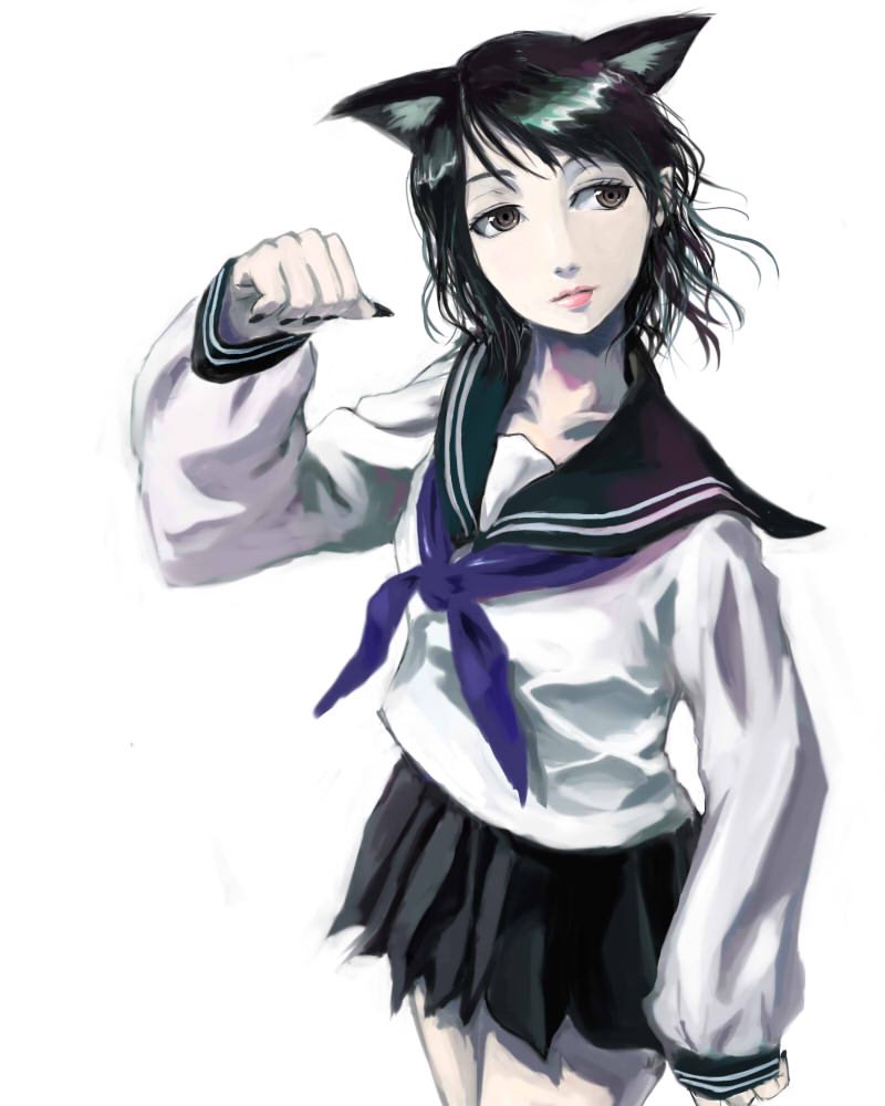 beni-syoga, original, bad id, bad pixiv id, animal ears, black eyes, black hair, cat ears, school uniform, serafuku, solo