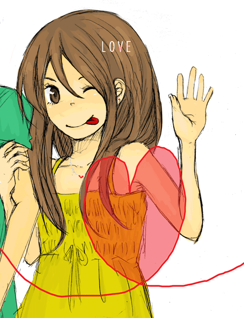mimoko, bad id, bad pixiv id, 1girl, :p, ;p, brown eyes, brown hair, camisole, heart, long hair, one eye closed, solo focus, tongue, tongue out, waving, wink