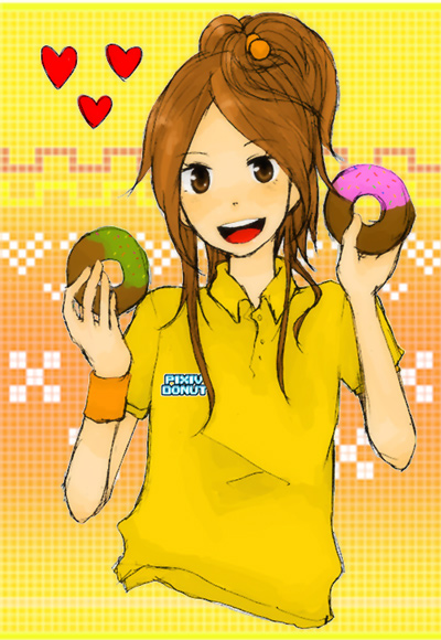 mimoko, original, bad id, bad pixiv id, 1girl, brown eyes, brown hair, donut, female focus, food, happy, heart, looking at viewer, open mouth, solo, upper body