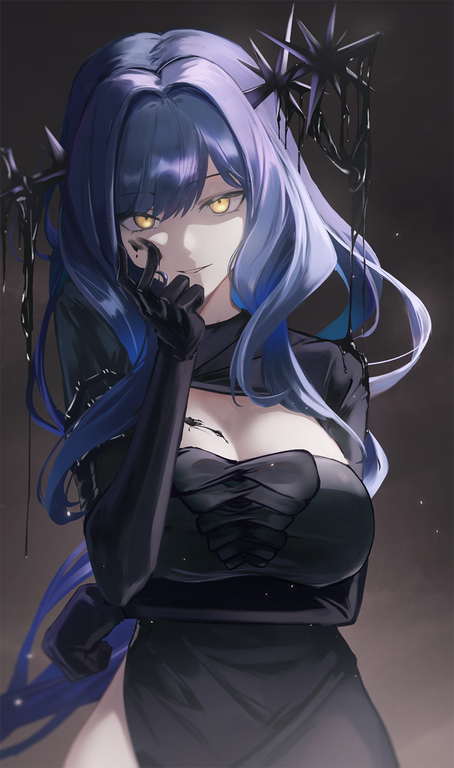 0gen3 illust, arcana (reverse:1999), reverse:1999, highres, 1girl, arm under breasts, black dress, black gloves, black liquid, blue hair, breasts, cleavage cutout, clothing cutout, dark background, dirty, dirty face, dress, elbow gloves, gloves, grin, hand up, large breasts, long hair, long sleeves, looking at viewer, side slit, smile, solo, upper body, very long hair, wand in head, yellow eyes