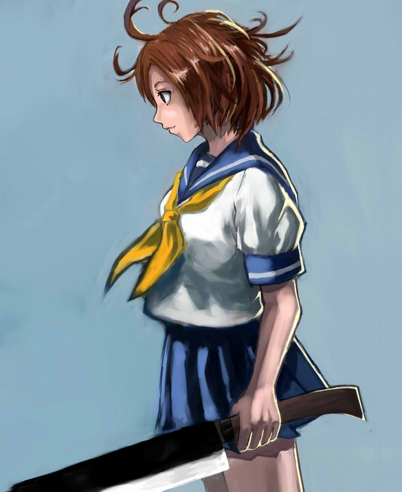 beni-syoga, ryuuguu rena, higurashi no naku koro ni, bad id, bad pixiv id, 00s, 1girl, billhook, brown hair, female focus, hashitsuki nata, hatchet, nata (tool), school uniform, serafuku, solo