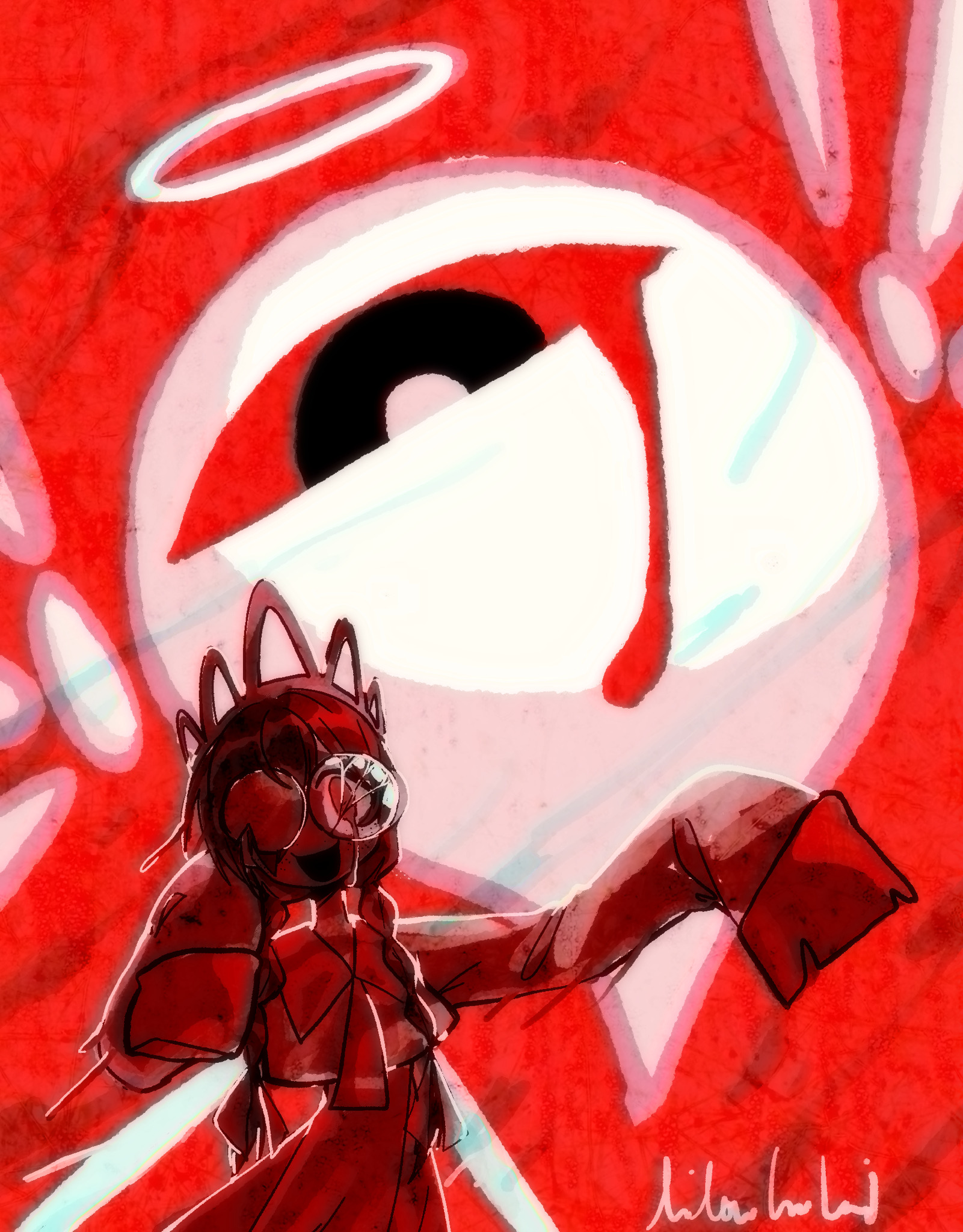 lilowleelani, ripple star queen, zero two (kirby), kirby (series), kirby 64, nintendo, highres, 1girl, artist name, bleeding, blood, broken eyewear, crown, glasses, halo, one-eyed, open mouth, red background, sleeves past fingers, sleeves past wrists, smile