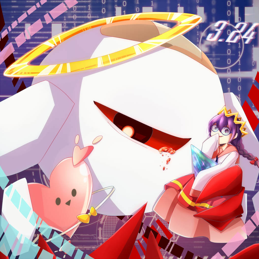 ripple star queen, zero two (kirby), kirby (series), kirby 64, nintendo, 1girl, bandaid, bleeding, blood, bow, braid, crown, dated, glasses, hair bow, halo, heart, long skirt, low twin braids, one-eyed, pink skirt, red bow, red eyes, ripple star, skirt, sleeves past fingers, sleeves past wrists, twin braids, yasohathi