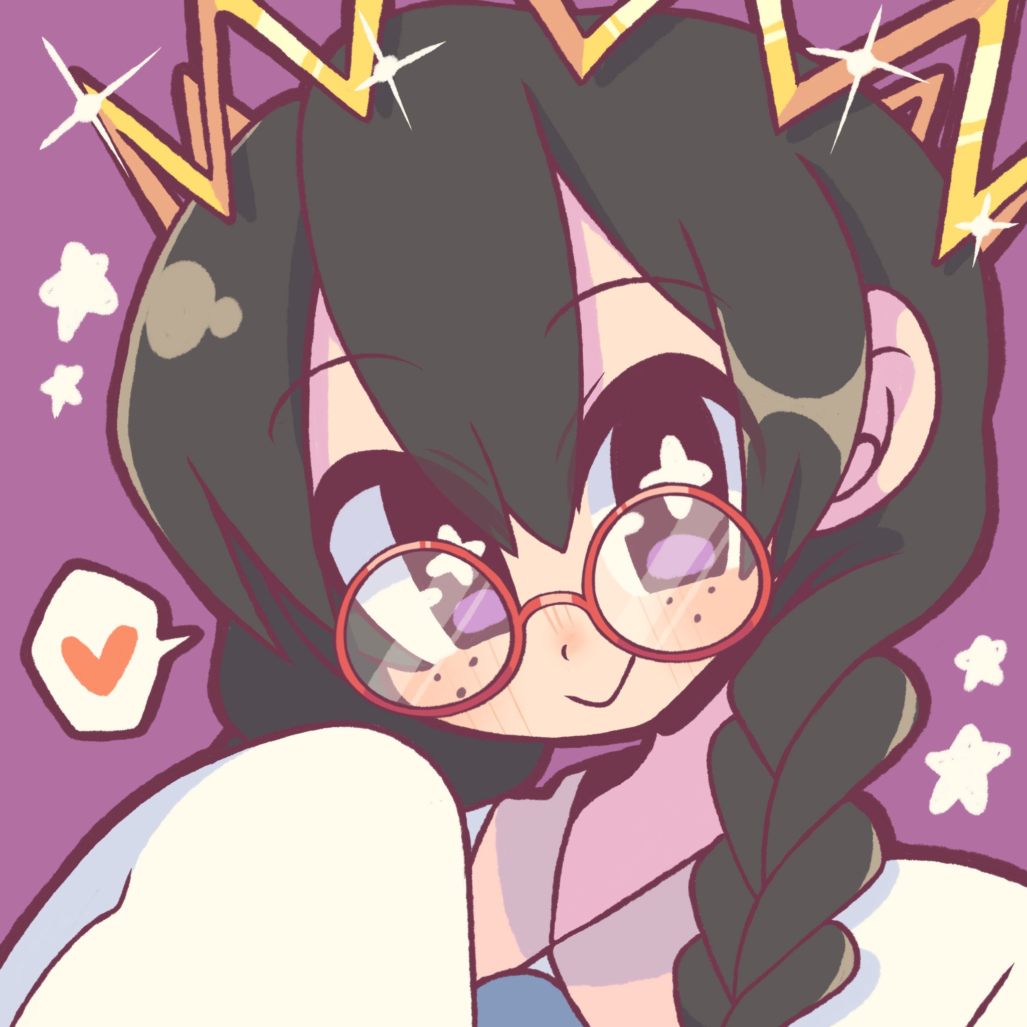 sofo soup, ripple star queen, kirby (series), kirby 64, nintendo, highres, 1girl, black hair, braid, crown, freckles, heart, long hair, low twin braids, purple background, purple eyes, simple background, sleeves past fingers, sleeves past wrists, smile, sparkle, twin braids