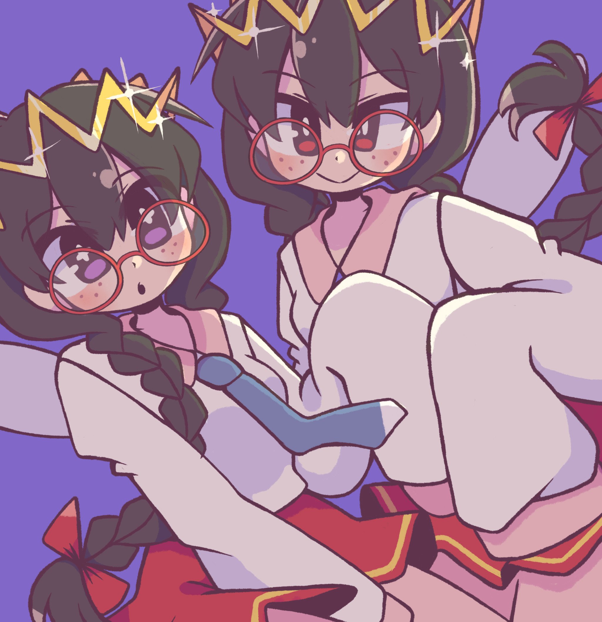 sofo soup, ripple star queen, kirby (series), kirby 64, nintendo, highres, black hair, bow, braid, crown, fairy, fairy wings, freckles, glasses, hair bow, long hair, low twin braids, purple background, purple eyes, red bow, red eyes, simple background, sleeves past fingers, sleeves past wrists, sparkle, twin braids, wings