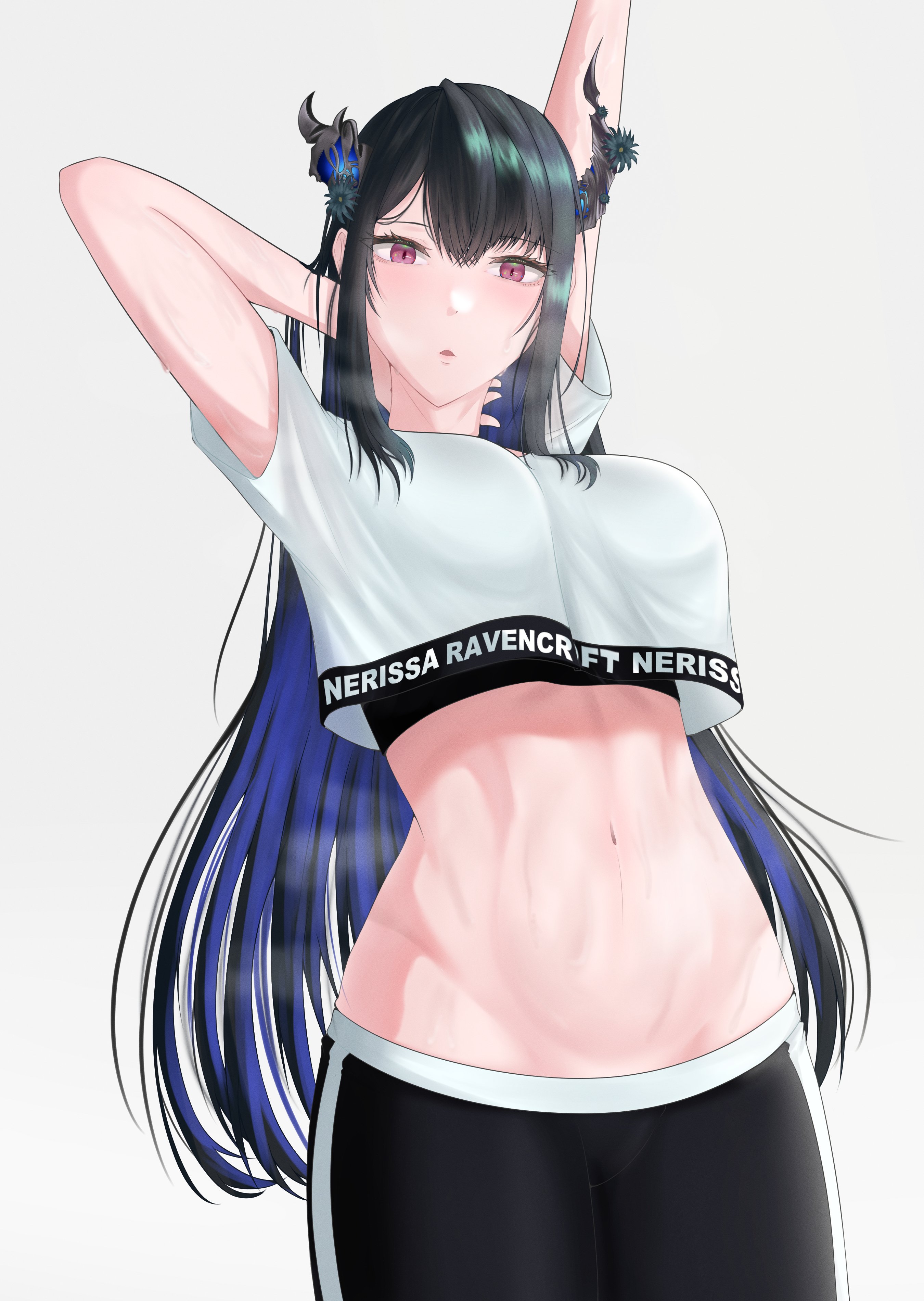 shikuroo0, nerissa ravencroft, hololive, hololive english, absurdres, commentary, english commentary, highres, 1girl, arms up, asymmetrical horns, black hair, character name, colored inner hair, crop top, demon horns, flower, hololive dance practice uniform, horn flower, horns, long hair, looking at viewer, multicolored hair, navel, open mouth, pink eyes, shirt, simple background, solo, stomach, stretching, sweat, t-shirt, virtual youtuber, white background, workout clothes