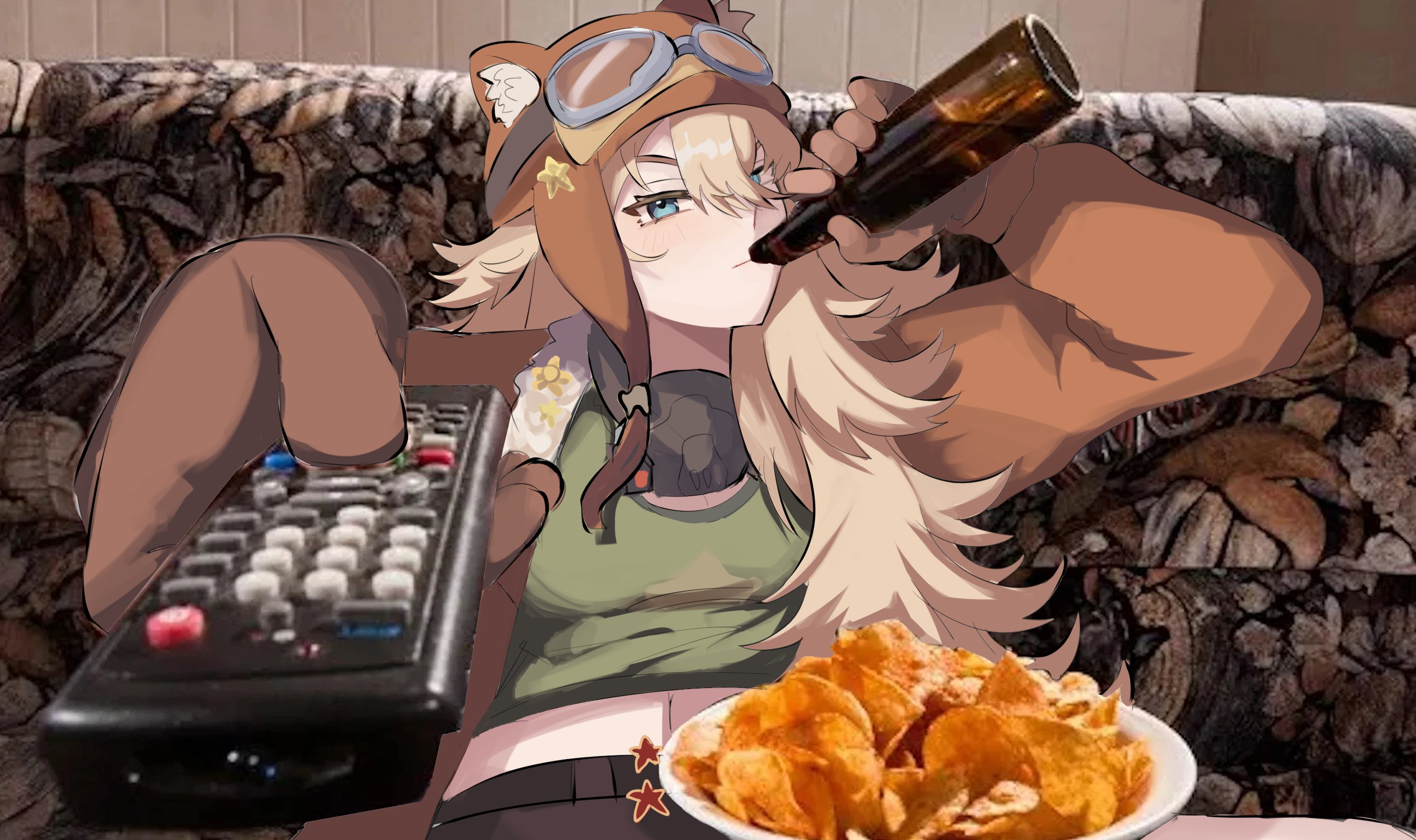 inari (inariura), lilya (reverse:1999), reverse:1999, highres, 1girl, animal ear headwear, aviator cap, beer bottle, blonde hair, blue eyes, bottle, brown gloves, brown hat, brown jacket, chips (food), controller, couch, drink, fake animal ears, food, gloves, goggles, goggles on headwear, green shirt, hat, holding, holding bottle, holding remote control, jacket, looking at viewer, man watching tv (meme), mask, mask around neck, meme, midriff, navel, on couch, outstretched arm, oxygen mask, photo background, plate, remote control, shirt, sitting, solo, upper body