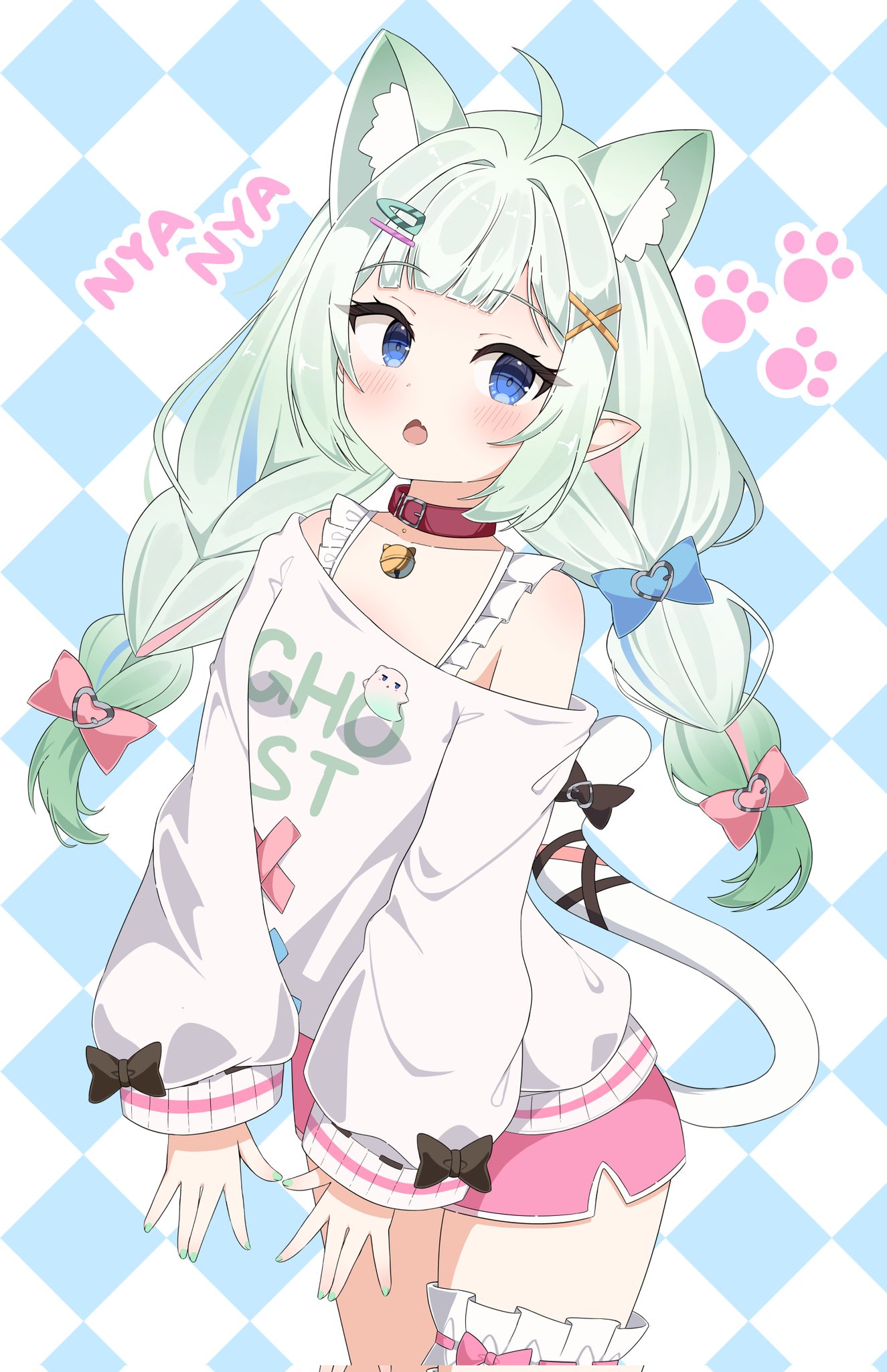 kawaiipony2, mint fantome, mint fantome (otaku), indie virtual youtuber, highres, 1girl, ahoge, animal ear fluff, animal ears, bell, black bow, blue bow, blue eyes, blush, bow, braid, cat ears, cat girl, checkered background, clothes writing, collar, dolphin shorts, frilled straps, gradient hair, green hair, hair bow, hair ornament, long hair, long sleeves, looking at viewer, low twin braids, multicolored hair, neck bell, official alternate costume, official alternate hairstyle, open mouth, paw print, pink bow, pink collar, pink shorts, pointy ears, shorts, solo, sweater, tail, tail bow, tail ornament, thigh strap, twin braids, virtual youtuber, white hair, white sweater, x hair ornament