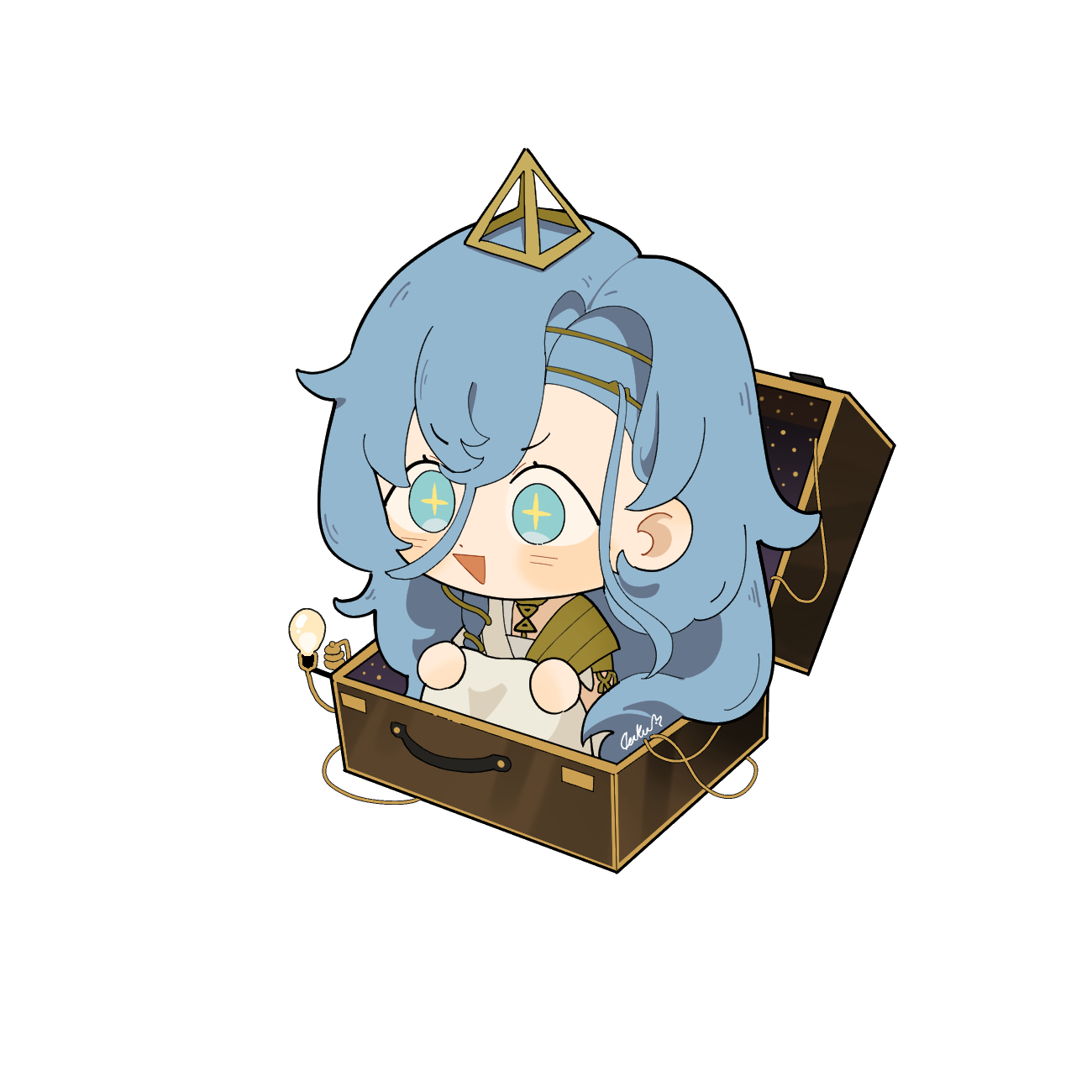 daku k, 37 (reverse:1999), reverse:1999, highres, + +, 1girl, :d, ancient greek clothes, blue eyes, blue hair, box, chibi, full body, greco-roman clothes, hair between eyes, head on knees, in box, in container, long hair, open mouth, open suitcase, pyramid (geometry), sitting, smile, solo, toga