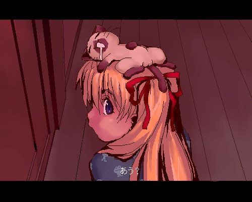 zen, piro, sawatari makoto, kanon, lowres, translated, 1girl, animal, animal on head, cat, cat on head, female focus, letterboxed, looking back, oekaki, on head, solo, you gonna get raped