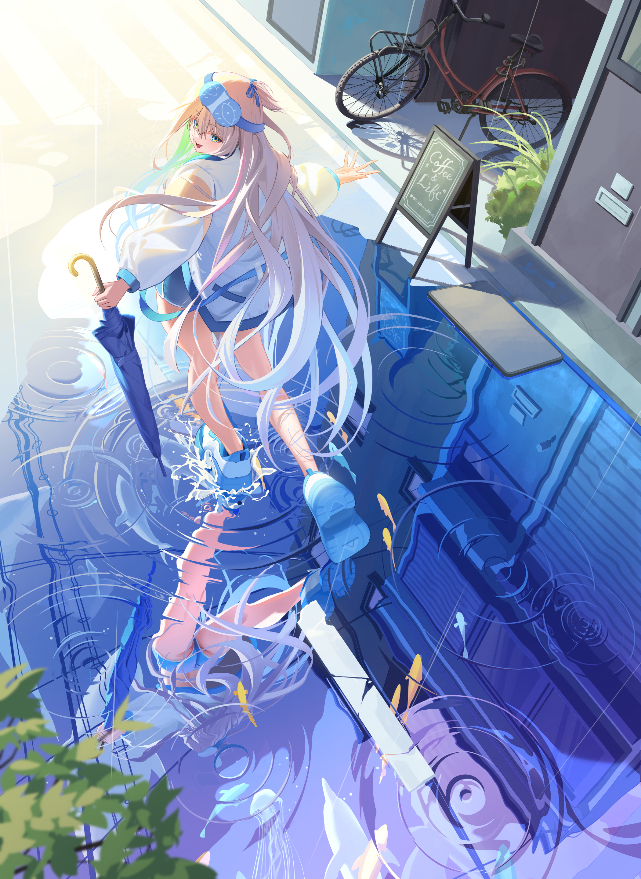 manda (luts7602), original, absurdres, commentary, english commentary, highres, 1girl, bicycle, blue shorts, day, doormat, fish, floating hair, holding, holding umbrella, jacket, jellyfish, long hair, long sleeves, looking at viewer, looking back, multicolored hair, no socks, open mouth, outdoors, outstretched arms, reflection, reflective water, ripples, shoes, shorts, sidewalk, sign, sleep mask, smile, sneakers, solo, splashing, spread arms, turning head, umbrella, upshorts, very long hair, walking, white jacket, white shoes
