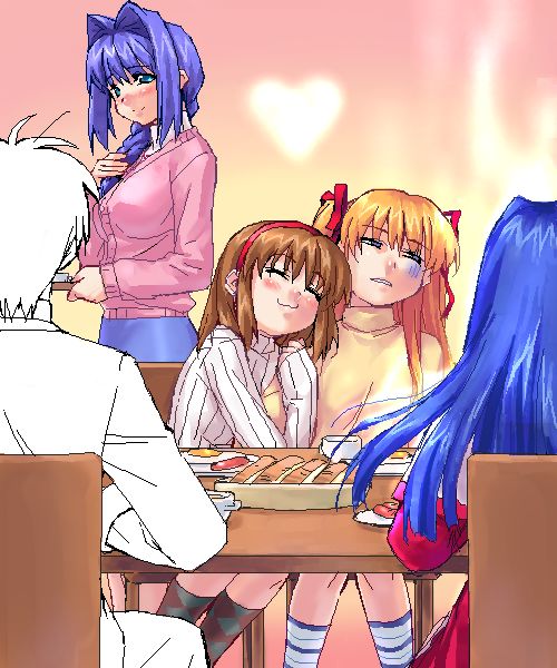 zen, aizawa yuuichi, minase akiko, minase nayuki, sawatari makoto, tsukimiya ayu, kanon, 1boy, 4girls, arm hug, blush, hair intakes, heart, hug, multiple girls, sitting, table, yuri