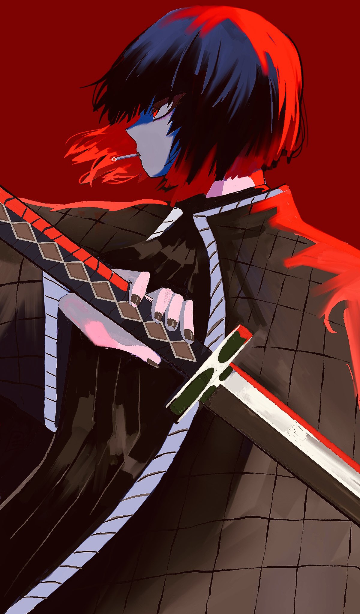 manta527, ryoshu (project moon), limbus company, project moon, commentary, highres, 1girl, 4th match flame (e.g.o), black coat, black dress, black hair, black nails, blunt bangs, blunt ends, bob cut, cigarette, coat, dress, e.g.o (project moon), expressionless, from side, holding, holding sword, holding weapon, long sleeves, looking ahead, nail polish, red background, red eyes, short hair, sidelighting, simple background, solo, sword, upper body, weapon