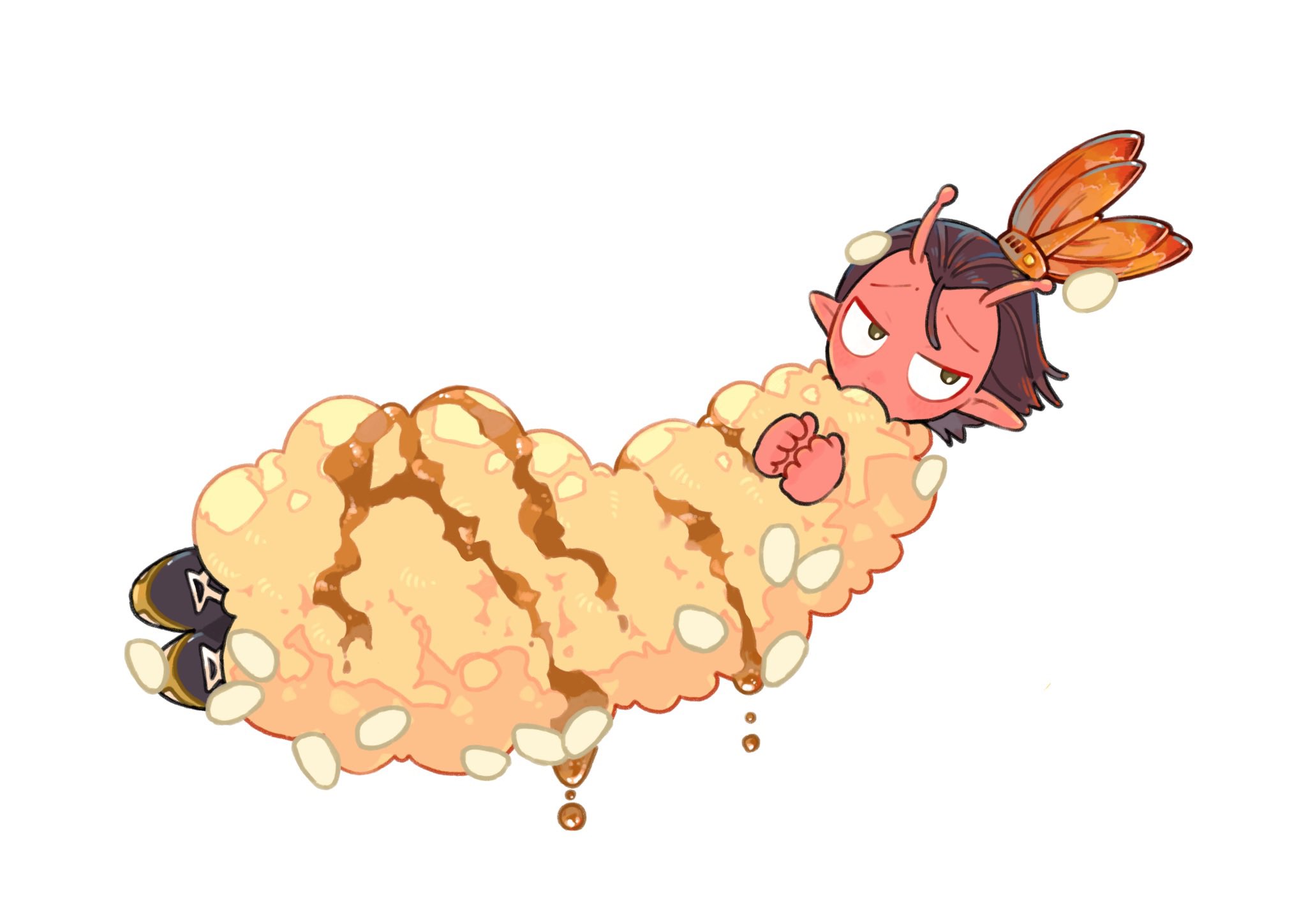 milky galactic universe, milky subway, highres, aga6roku, antennae, colored skin, food, food costume, hair slicked back, iwao kanata, looking to the side, male focus, pointy ears, red skin, sauce, sesame seeds, shoes, shrimp, shrimp tempura, simple background, sneakers, solo, tempura, tempura costume, white background