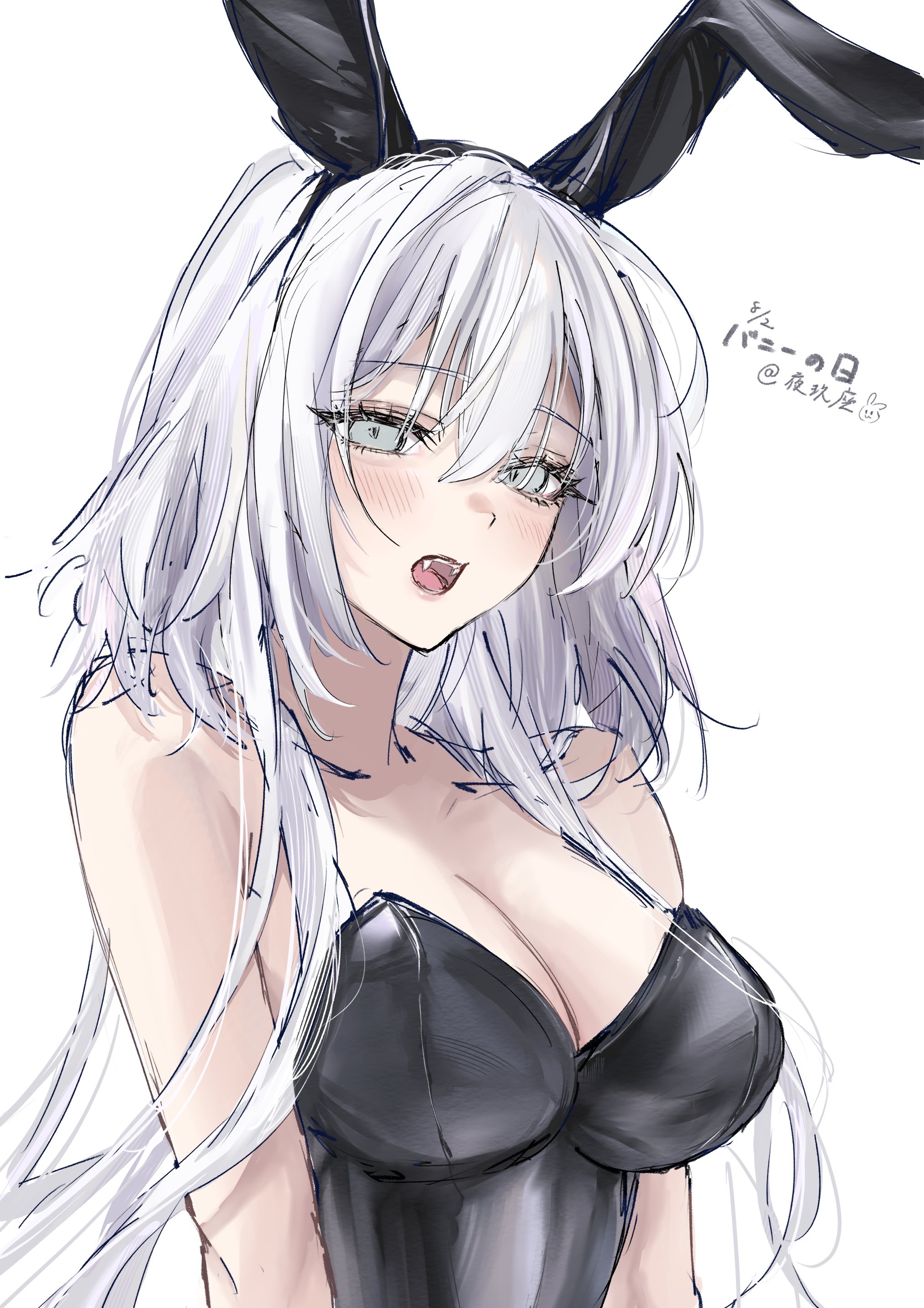 original, absurdres, commentary request, highres, translation request, 1girl, animal ears, black leotard, breasts, dated, fake animal ears, grey eyes, hair between eyes, large breasts, leotard, long hair, open mouth, otsukisama4951, playboy bunny, portrait, rabbit ears, signature, simple background, solo, white background, white hair
