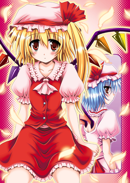 nagana sayui, flandre scarlet, remilia scarlet, touhou, textless version, 2girls, female focus, hat, mob cap, multiple girls, siblings, sisters, wings