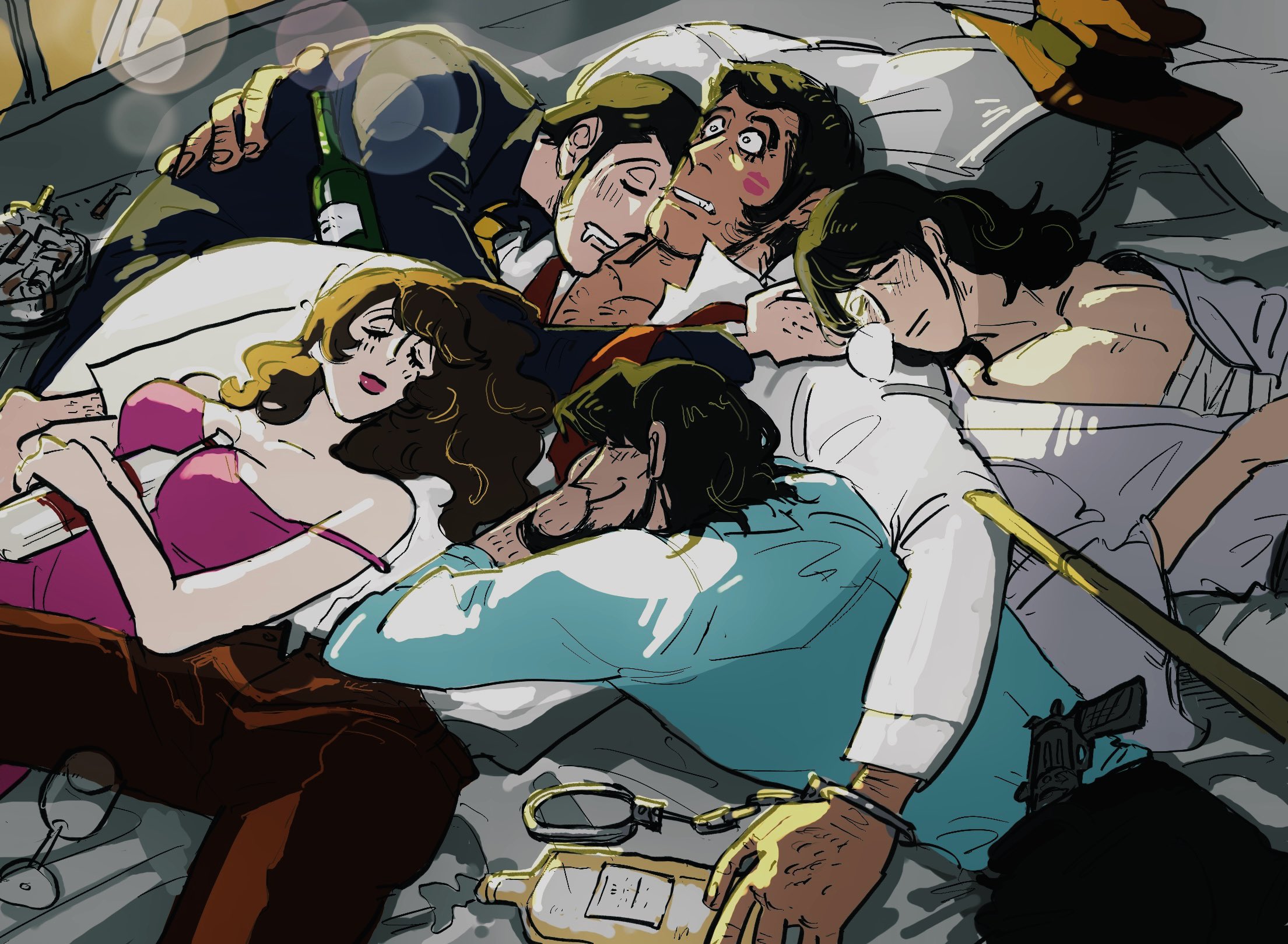 arsene lupin iii, ishikawa goemon xiii, jigen daisuke, mine fujiko, zenigata kouichi, lupin iii, highres, 1girl, 4boys, 6ju7vtkrrrb0nmp, alcohol, arm hair, beard, black hair, breasts, brown hair, cleavage, closed mouth, cuffs, drunk, facial hair, glass, glass bottle, gun, gun in pants, handcuffs, hat, hug, lipstick, lipstick mark, lying, makeup, mixed harem, multiple boys, necktie, on back, on bed, parted lips, pectorals, sleeping, weapon, yellow necktie