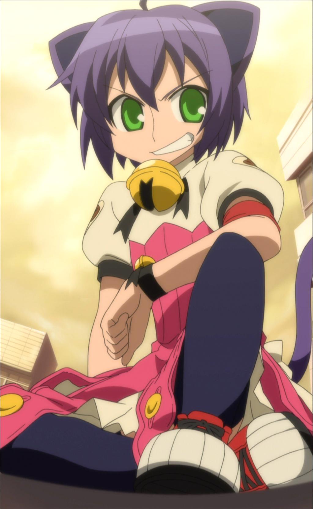 midarezaki kyouka, kyouran kazoku nikki, anime screenshot, highres, stitched, third-party edit, 00s, animal ears, blue hair, cat ears, cat tail, green eyes, solo, tail