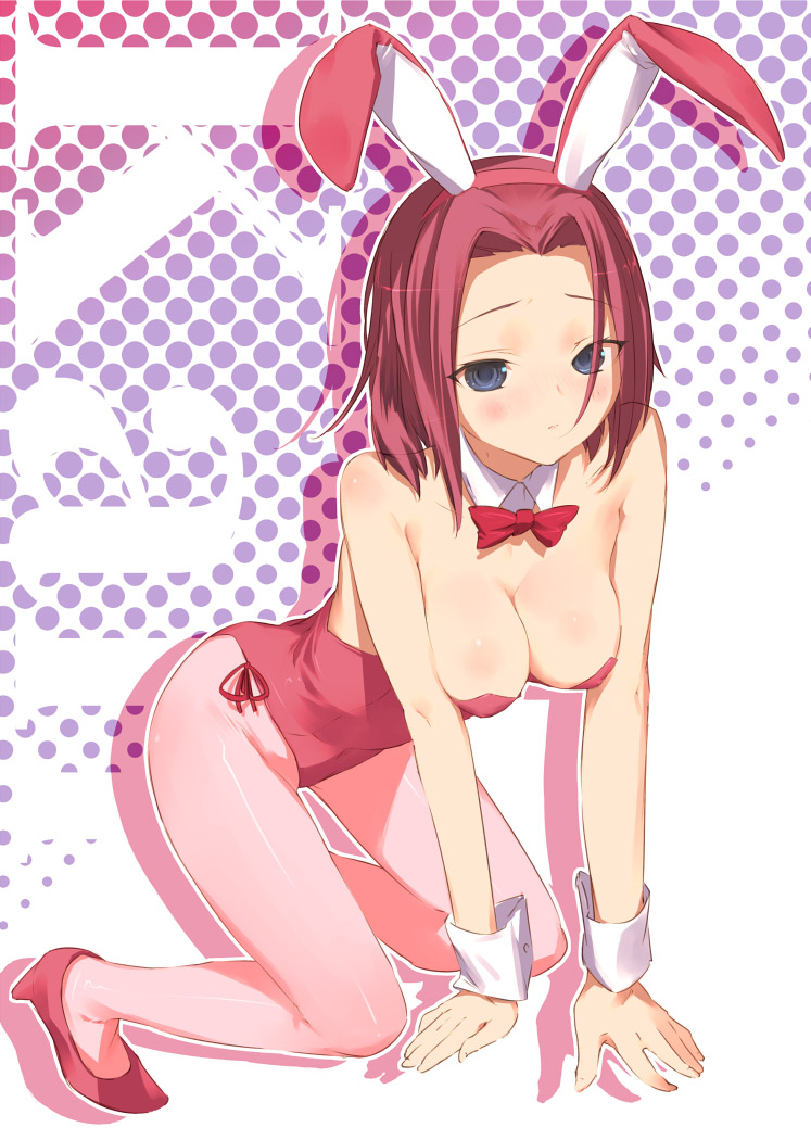 uni (plastic girl), kouzuki kallen, code geass, 00s, 1girl, animal ears, blue eyes, bow, bowtie, breasts, cleavage, fake animal ears, female focus, large breasts, leotard, pantyhose, pink pantyhose, playboy bunny, rabbit ears, red hair, solo