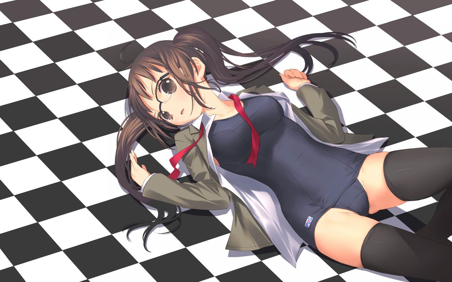 artist request, character request, copyright request, tagme, brown eyes, brown hair, glasses, one-piece swimsuit, school swimsuit, swimsuit, twintails