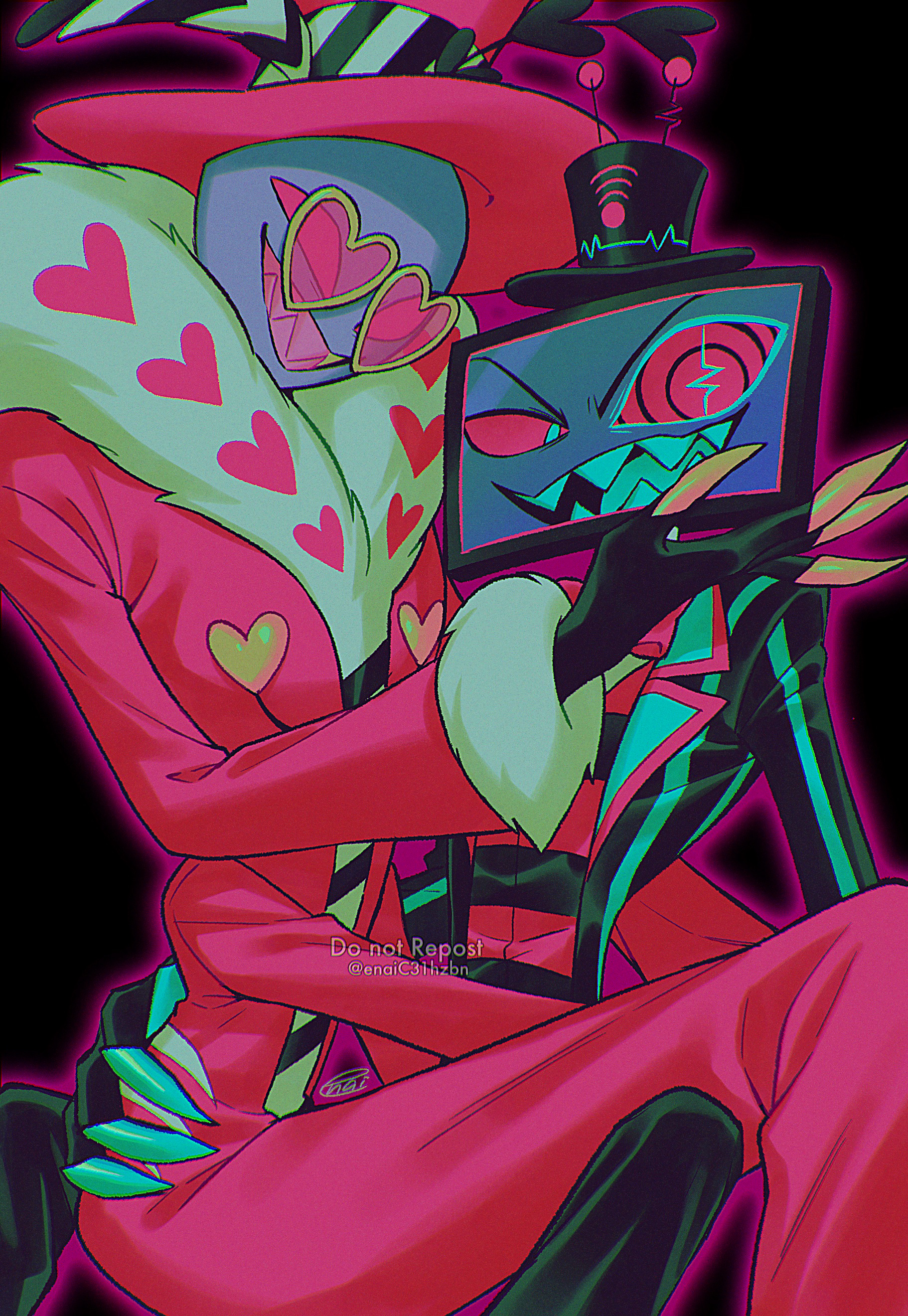 menma (enaic31), valentino (hazbin hotel), vox (hazbin hotel), hazbin hotel, hellaverse, absurdres, commentary request, highres, 2boys, :d, aqua coat, aqua eyes, black background, black coat, black hat, black mouth, black pants, black vest, blue teeth, blue tongue, chromatic aberration, coat, colored sclera, colored teeth, colored tongue, extra arms, feet out of frame, fewer digits, film grain, fur-trimmed robe, fur-trimmed sleeves, fur trim, grin, hand on another's cheek, hand on another's face, hand on another's hip, hat, hat feather, heart, heart-shaped eyewear, heart print, invisible chair, lapels, long sleeves, male focus, multicolored coat, multiple boys, notched lapels, object head, open clothes, open coat, open mouth, outline, pants, pink-tinted eyewear, pink outline, pink teeth, red hat, red robe, red sclera, red vest, ringed eyes, robe, sharp teeth, signature, simple background, sitting, sitting on lap, sitting on person, smile, striped clothes, striped coat, striped vest, sunglasses, teeth, television, tinted eyewear, tongue, top hat, twitter username, two-tone coat, two-tone vest, uneven eyes, vertical-striped coat, vest, watermark, yellow-framed eyewear