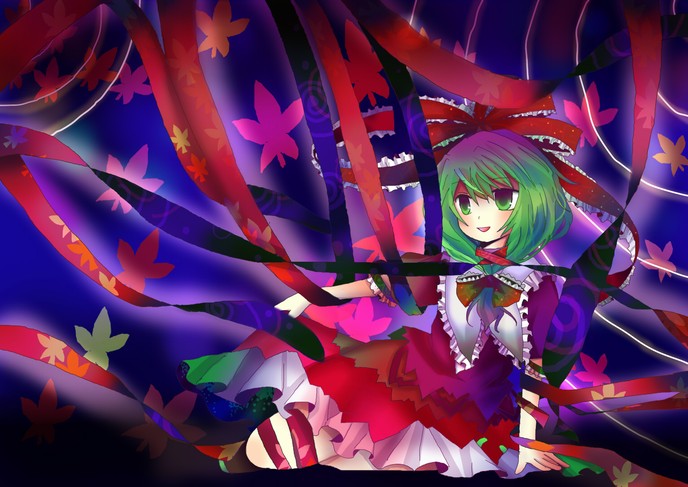 kazu (artist), kazu (muchuukai), kagiyama hina, touhou, 1girl, autumn leaves, collar, colorful, dress, female focus, frills, front ponytail, green eyes, green hair, leaf, matching hair/eyes, puffy short sleeves, puffy sleeves, red dress, shawl, short hair, short sleeves, solo