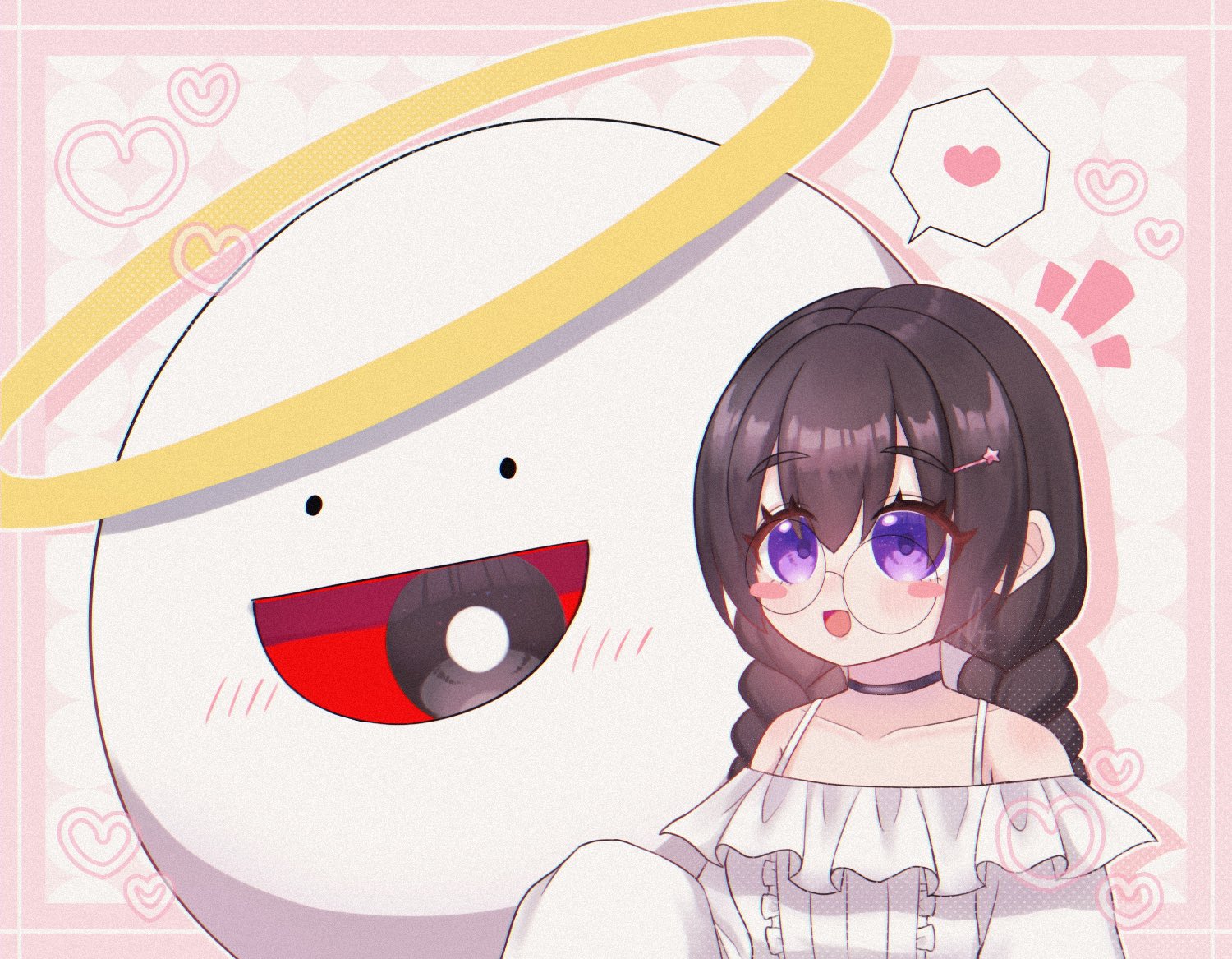 ripple star queen, zero two (kirby), kirby (series), kirby 64, nintendo, 1girl, alt 0218, black background, black hair, braid, glasses, hair ornament, hairclip, heart, long hair, low twin braids, off-shoulder shirt, off shoulder, one-eyed, purple eyes, red eyes, shirt, twin braids, white shirt