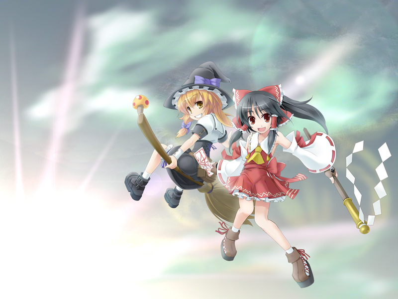 wapokichi, hakurei reimu, kirisame marisa, touhou, 2girls, blonde hair, broom, broom riding, female focus, gohei, multiple girls, mushroom, sidesaddle