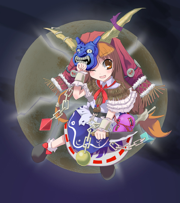 wapokichi, ibuki suika, touhou, 1girl, female focus, full body, horns, knife, mask, orange eyes, orange hair, outdoors, sky, solo, wink