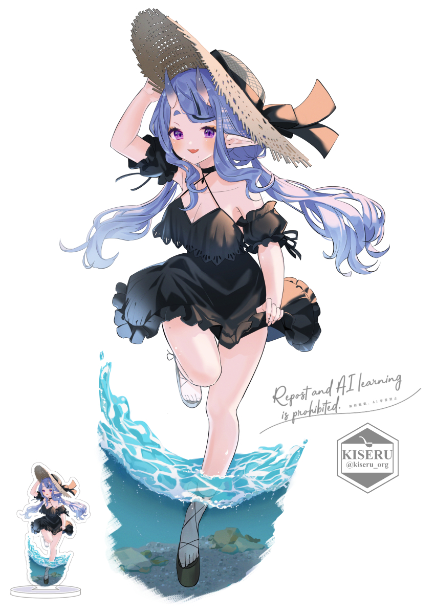 kokutan kiseru, rindou mikoto, rindou mikoto (6th costume), nijisanji, commentary, english commentary, highres, 1girl, acrylic stand (object), ankle strap, arm up, artist name, bare shoulders, black dress, black hair, black sandals, black sleeves, blush, braid, braided bangs, breasts, cleavage, collarbone, criss-cross halter, detached sleeves, dress, fang, frilled dress, frills, full body, halter dress, halterneck, hand on headwear, hat, hat ribbon, hikimayu, horns, long hair, long sidelocks, looking at viewer, low twintails, medium breasts, mole, mole on thigh, mole under mouth, multicolored hair, open mouth, platform sandals, pointy ears, purple eyes, purple hair, ribbon, running, sandals, short dress, short eyebrows, short sleeves, sidelocks, skin-covered horns, skin fang, skirt hold, smile, solo, standing, standing on one leg, straw hat, streaked hair, sun hat, thick eyebrows, twintails, twitter username, two-tone hair, very long hair, virtual youtuber, wading, water, white background, wide brim