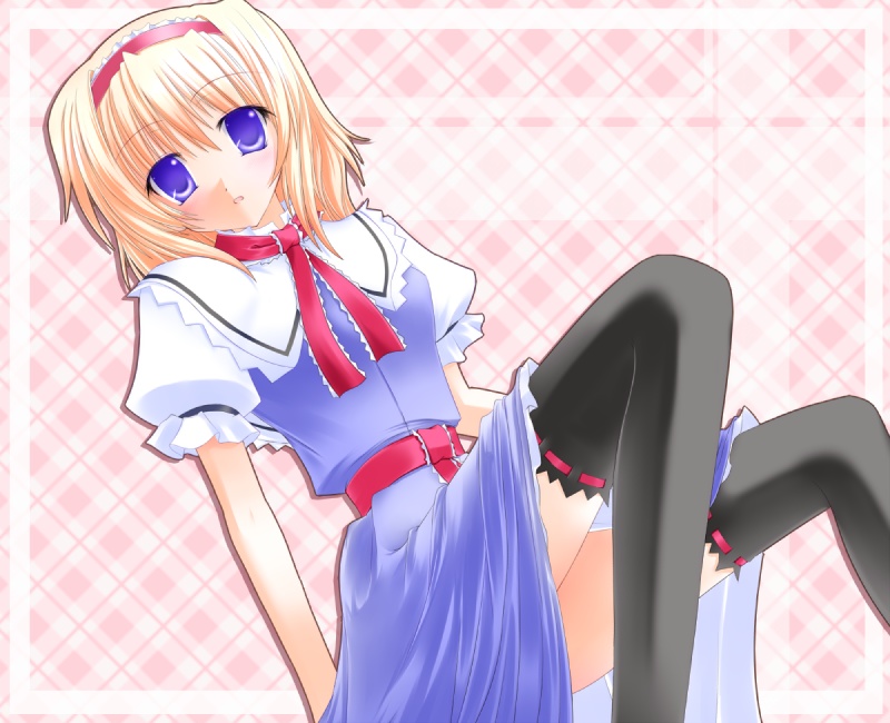 shirotsuki kouta, alice margatroid, touhou, 1girl, argyle background, argyle clothes, belt, black thighhighs, blonde hair, blue dress, blush, dress, female focus, hairband, looking at viewer, puffy short sleeves, puffy sleeves, short hair, short sleeves, simple background, solo, tareme, thighhighs, zettai ryouiki