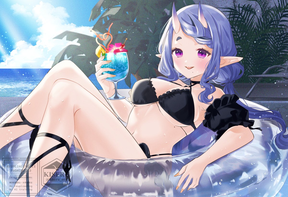 kokutan kiseru, rindou mikoto, rindou mikoto (6th costume), nijisanji, commentary request, 1girl, afloat, ankle ribbon, armpit crease, artist name, bare shoulders, bikini, black bikini, black hair, black ribbon, black sleeves, blue sky, blush, braid, braided bangs, breasts, cloud, cocktail, crazy straw, criss-cross halter, cup, day, dot nose, drinking glass, drinking straw, fang, feet out of frame, fingernails, flower, flower in drink, frilled bikini, frilled sleeves, frills, halterneck, hand up, heart straw, hikimayu, holding, holding cup, horns, innertube, knees up, leaning back, leg ribbon, light rays, long fingernails, long hair, long sidelocks, low twintails, medium breasts, mole, mole under breast, mole under mouth, multi-strapped bikini bottom, multicolored hair, ocean, on innertube, open mouth, outdoors, pink flower, plant, pointy ears, purple eyes, purple hair, ribbon, short eyebrows, short sleeves, sidelocks, sitting, skin-covered horns, skin fang, sky, smile, solo, streaked hair, swim ring, swimsuit, thick eyebrows, transparent innertube, twintails, twitter username, two-tone hair, underboob, virtual youtuber, watermark
