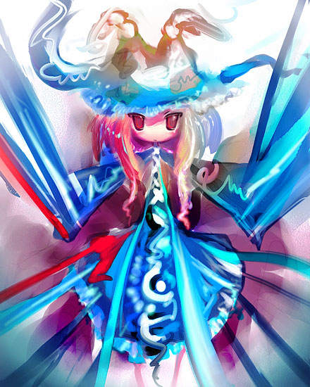 tanaka ken'ichi, yakumo ran, touhou, bad id, bad pixiv id, 1girl, animal hat, blonde hair, blue dress, dress, female focus, full body, gradient hair, hat, long sleeves, looking at viewer, mob cap, multicolored hair, ofuda, outstretched arms, pink hair, red eyes, short hair, solo, standing, tabard, tassel, wide sleeves